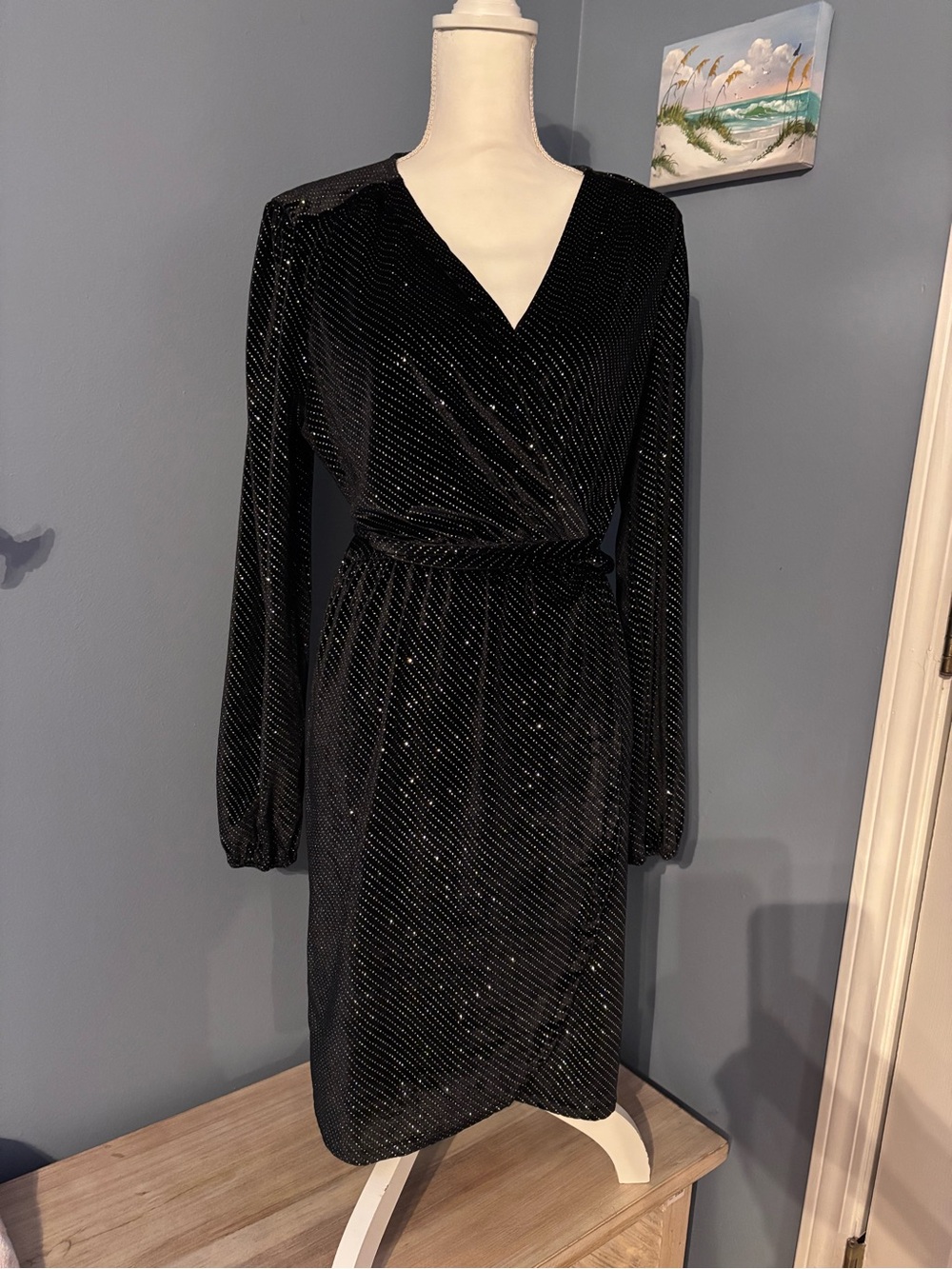 APRICOT NWT Black Long-Sleeve Sparkle/Glitter Wrap Dress